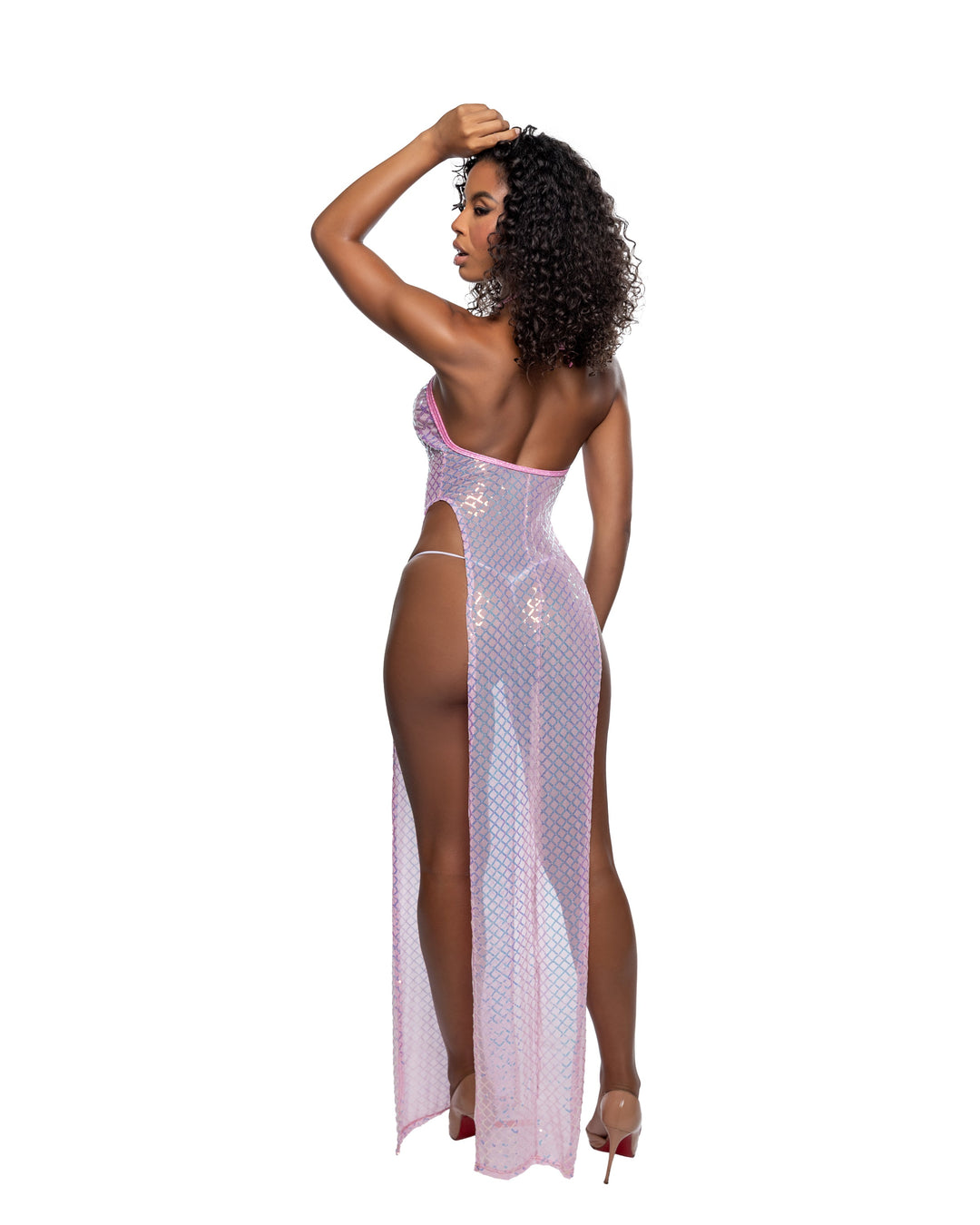 6802 - Long Diamond Sequin Mesh Gown with Slits