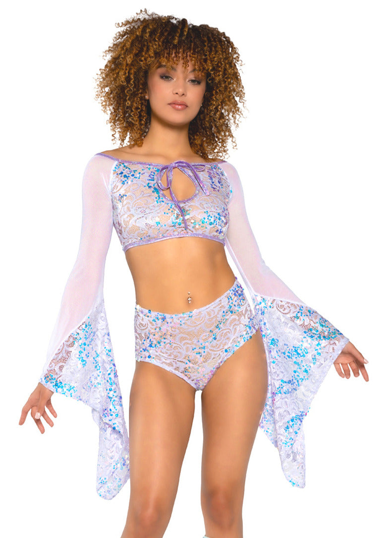 JR171 - Fishnet/Mesh Sequin Flair Sleeve Top