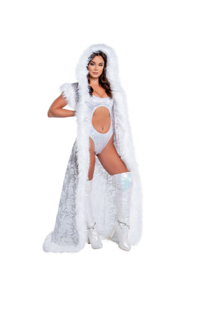 CH305 - Fur Trimmed Sequin Mesh Hooded Duster